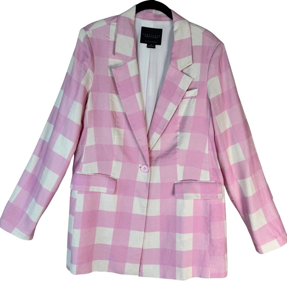 Sanctuary Pink Gingham Blazer Linen Blend Preppy Cottagcore Spring Jacket